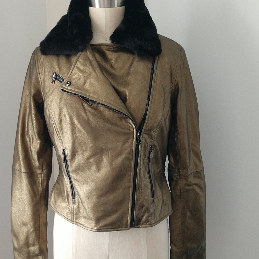 NWT Lauren Ralph Lauren Gold Leather Jacket with Black Collar 8 - Picture 2 of 8